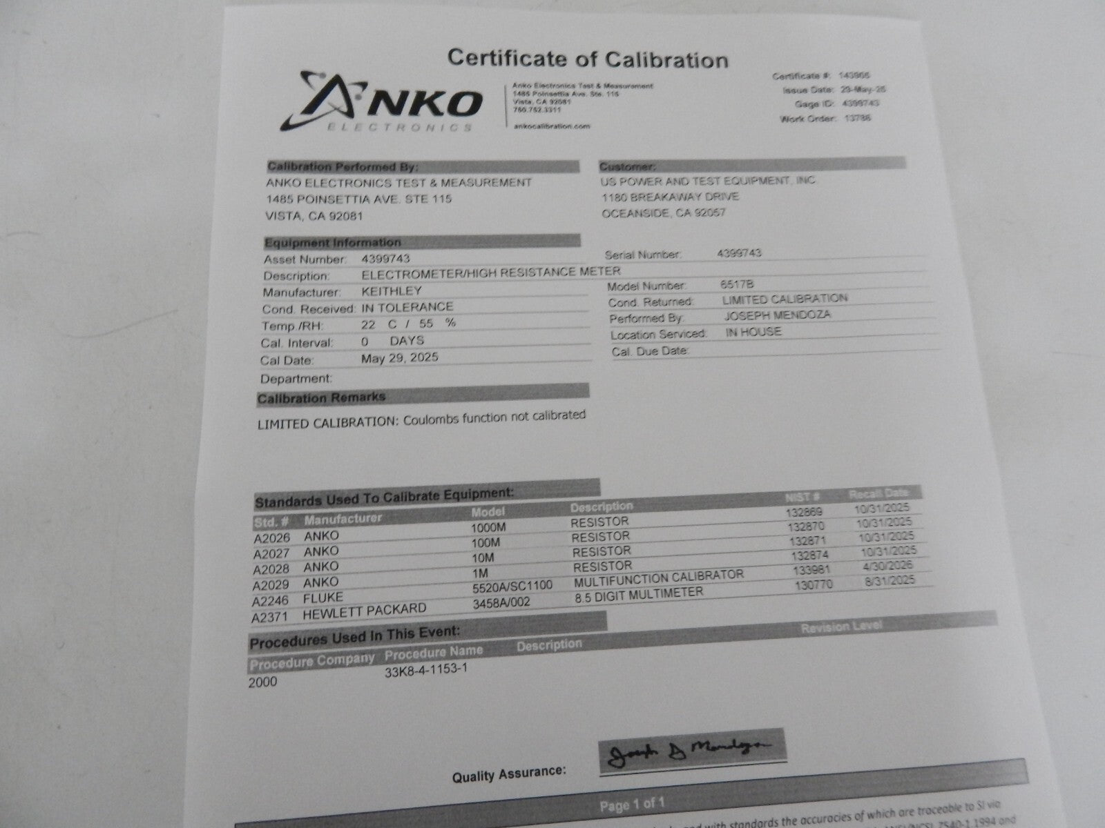 Keithley 6517B Electrometer High Resistance Meter, Limited NIST calibration 5/29 Keithley 6517B Electrometer High Resistance Meter, Limited NIST calibration 5/29